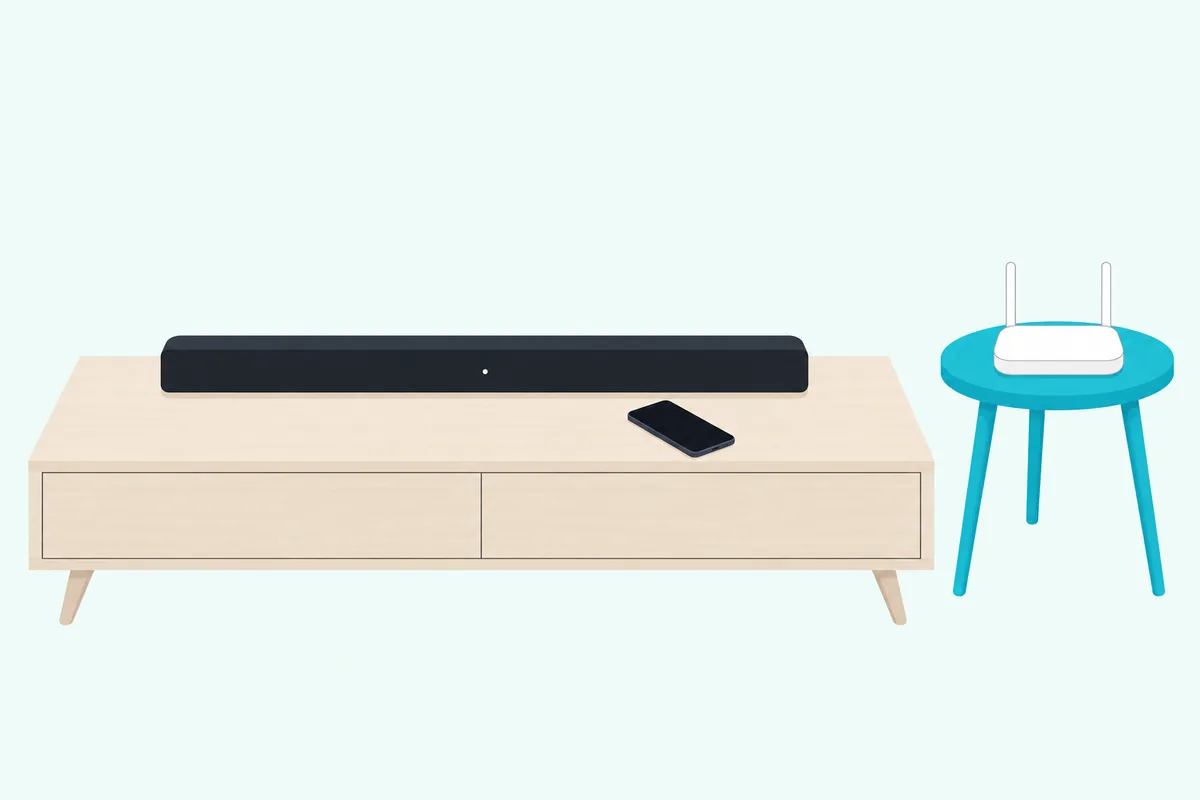 Smartphone with a blank screen beside a soundbar and a Wi-Fi router, ready to set the bar up again after a reset