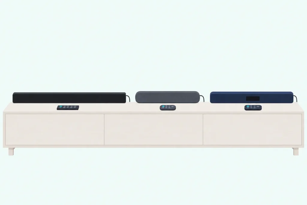 Three different soundbars side by side on a media console, each with its own remote, for resetting any brand of soundbar