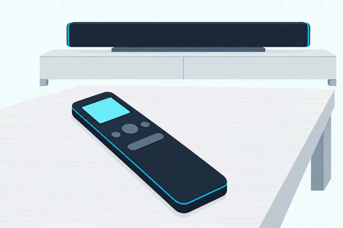 A slim remote control with a small blank screen near its top, lying on a wooden coffee table in front of a soundbar