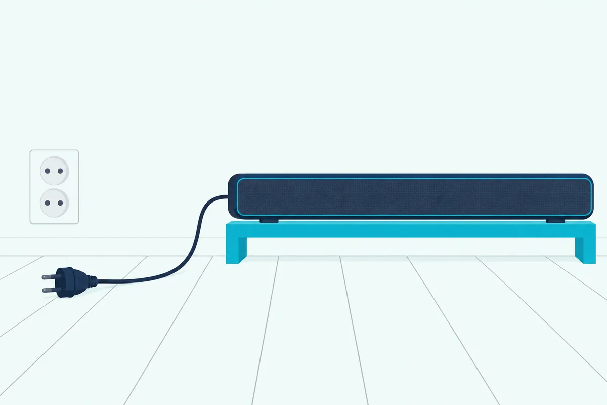 A soundbar power cord unplugged and lying on the floor beside a wall outlet, with a slim soundbar on a low stand above