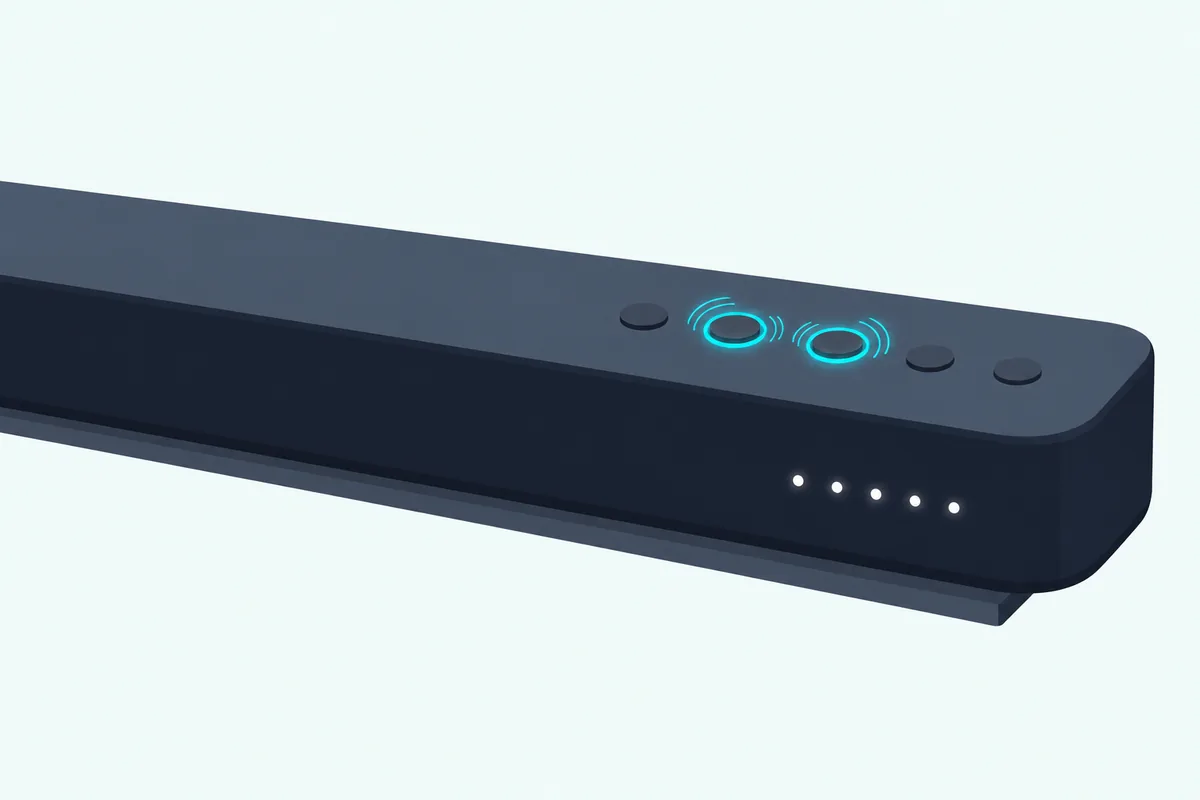 Two small round buttons on top of a slim soundbar ringed in teal, with a short row of lights glowing on its front edge