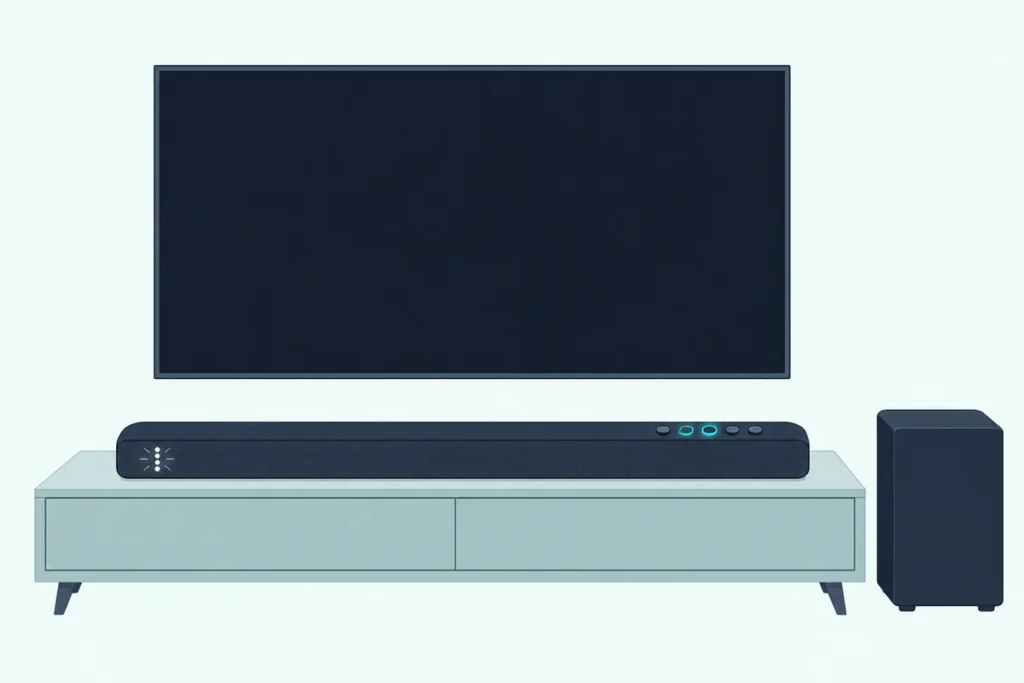 A slim soundbar under a blank TV with two top buttons ringed in teal and a column of front lights flashing white