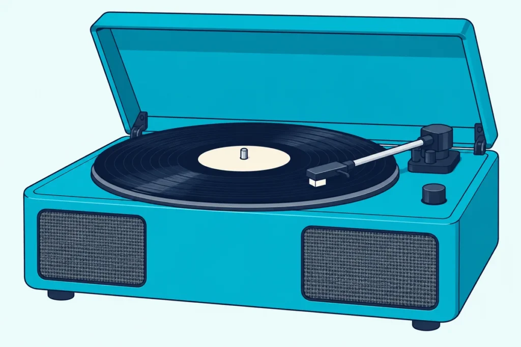 A retro record player with its lid open, a record on the platter and two speaker grilles on its front