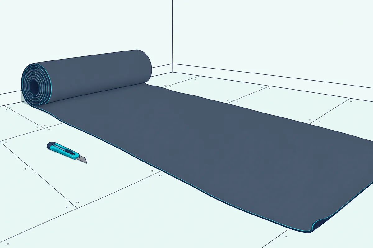 Roll of heavy gray barrier sheet unrolled across a plywood subfloor in an empty room, with a utility knife beside it
