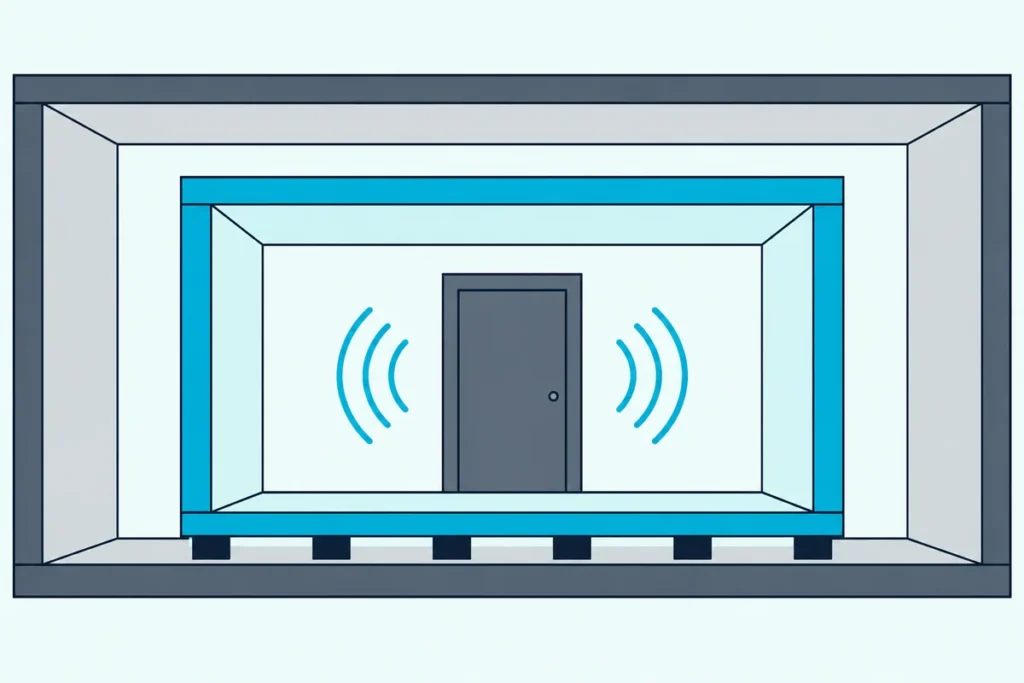 Inner room standing on rubber isolators inside an outer room, with an air gap between the walls, ceilings and floors