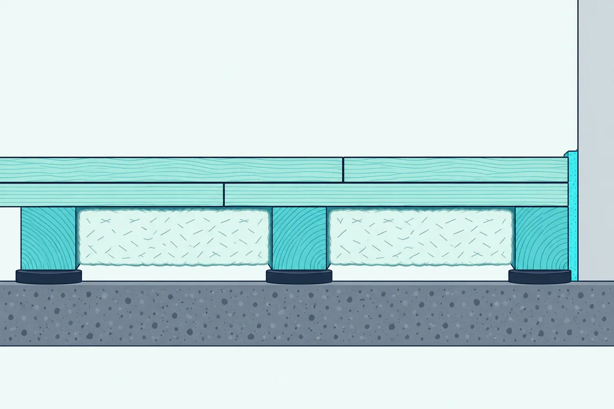 Wood floating floor on rubber isolators with insulation between the sleepers