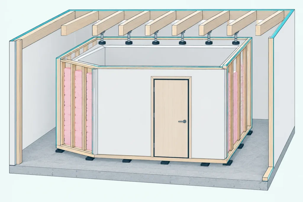 Room within a room in cutaway, with double stud walls, a clip-hung ceiling, a floor on rubber pads and a sealed door