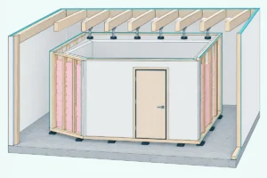 Room within a room in cutaway, with double stud walls, a clip-hung ceiling, a floor on rubber pads and a sealed door
