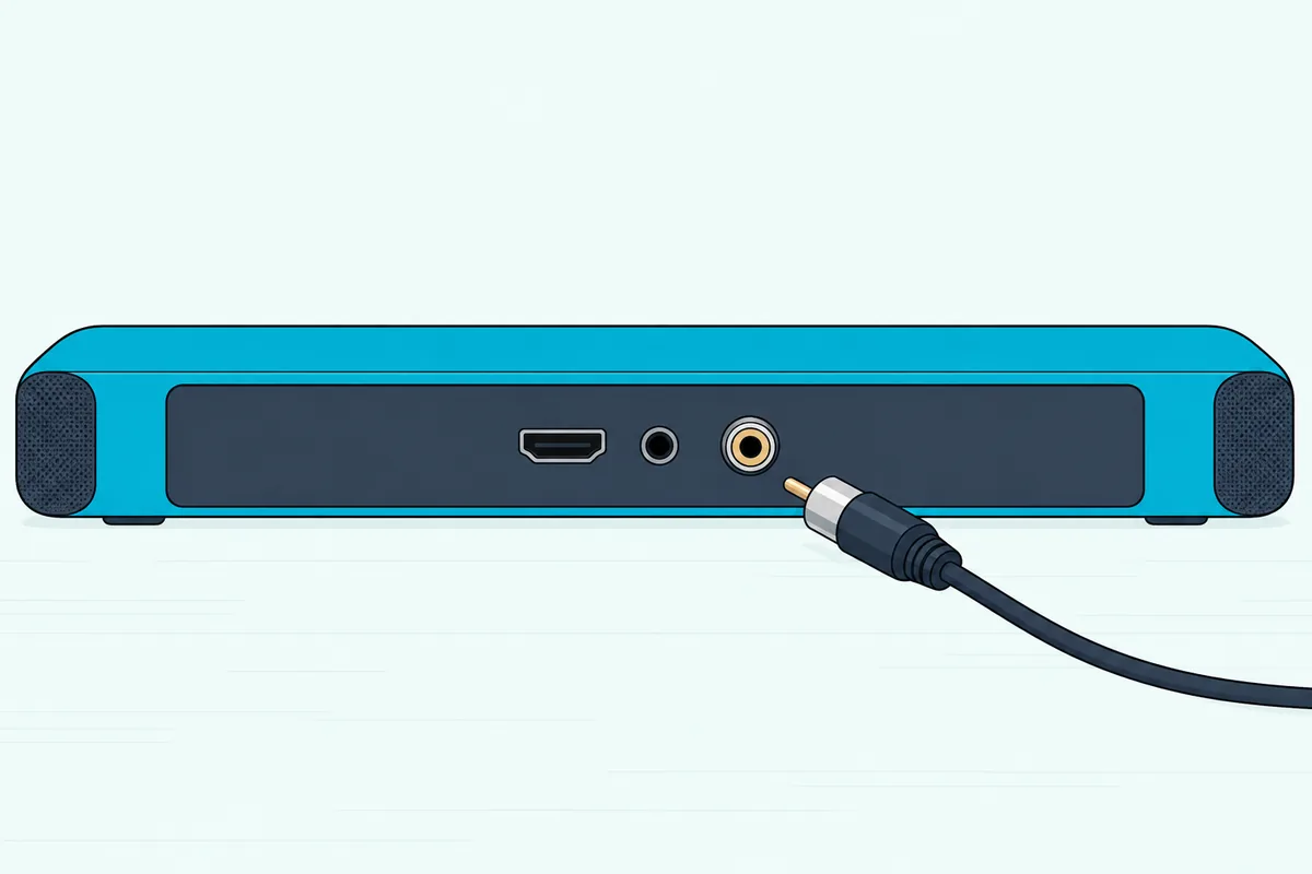 Round coaxial plug with a thin center pin at the end of a cable, beside the back panel of a soundbar