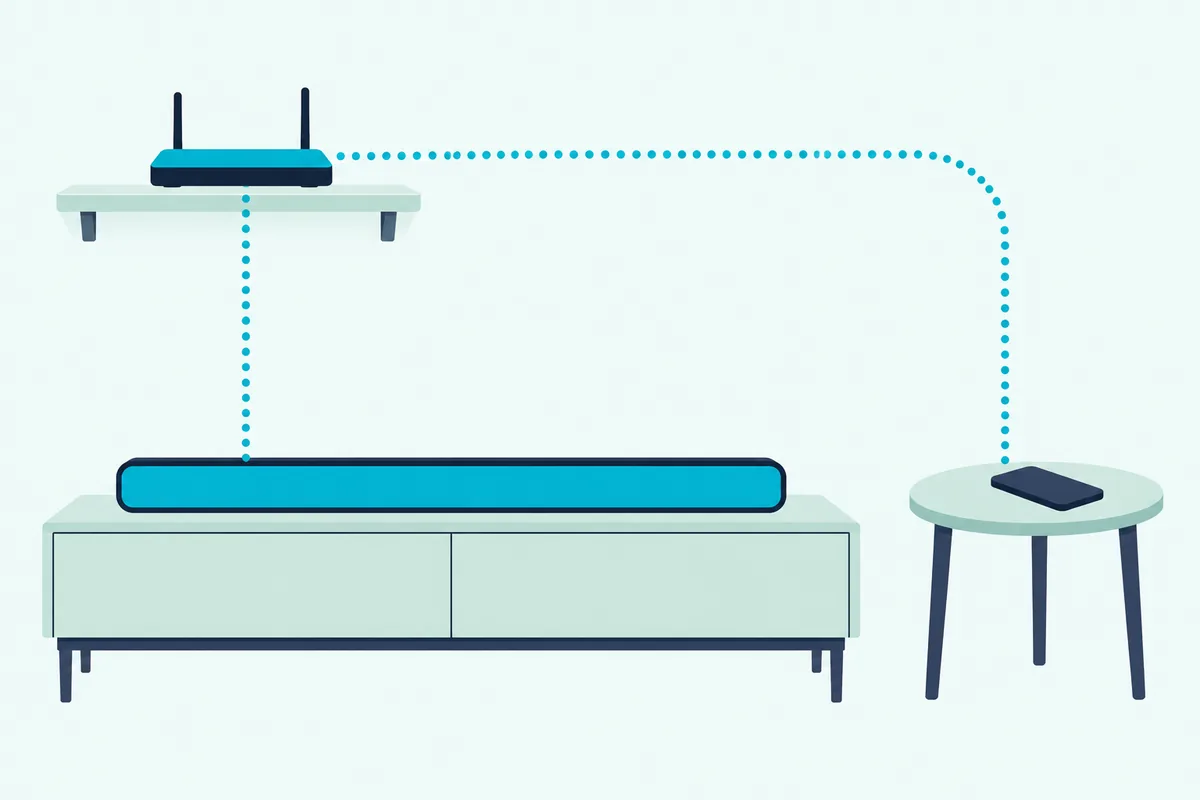 Wireless router on a wall shelf with dotted lines running to a soundbar and to a smartphone lying face down on a side table