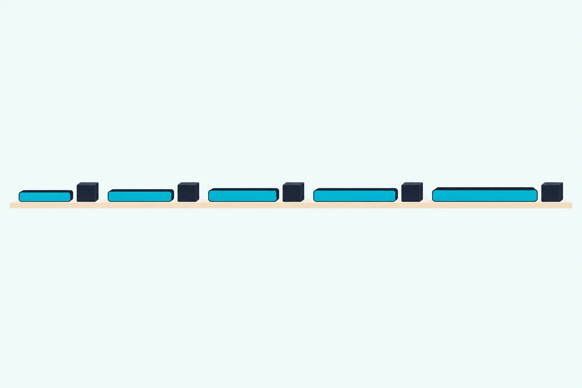 Row of five slim soundbars of rising length on a long shelf, each with a matching subwoofer box beside it