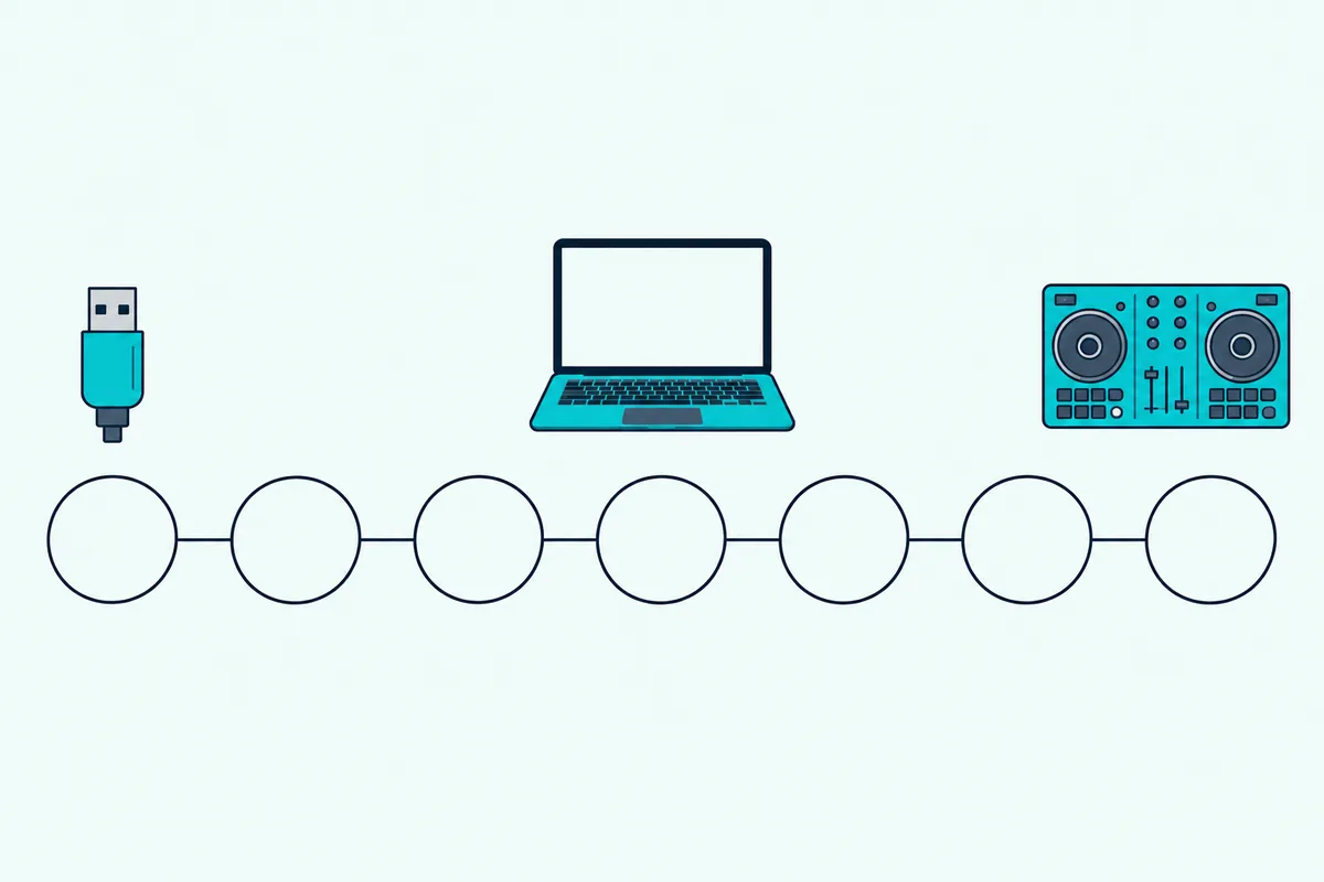 Seven empty circles joined in a row, with a USB plug, a laptop and a DJ controller drawn above them