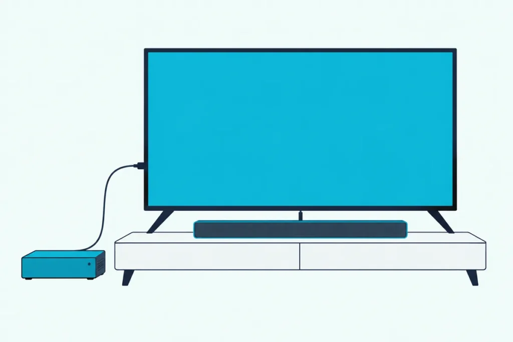 A satellite receiver box cabled to a TV with a soundbar below it