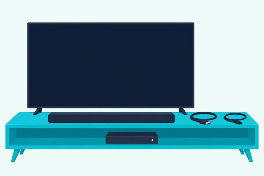 Set-top box, a slim soundbar and a flat TV on a low media console, with loose HDMI and optical cables between them