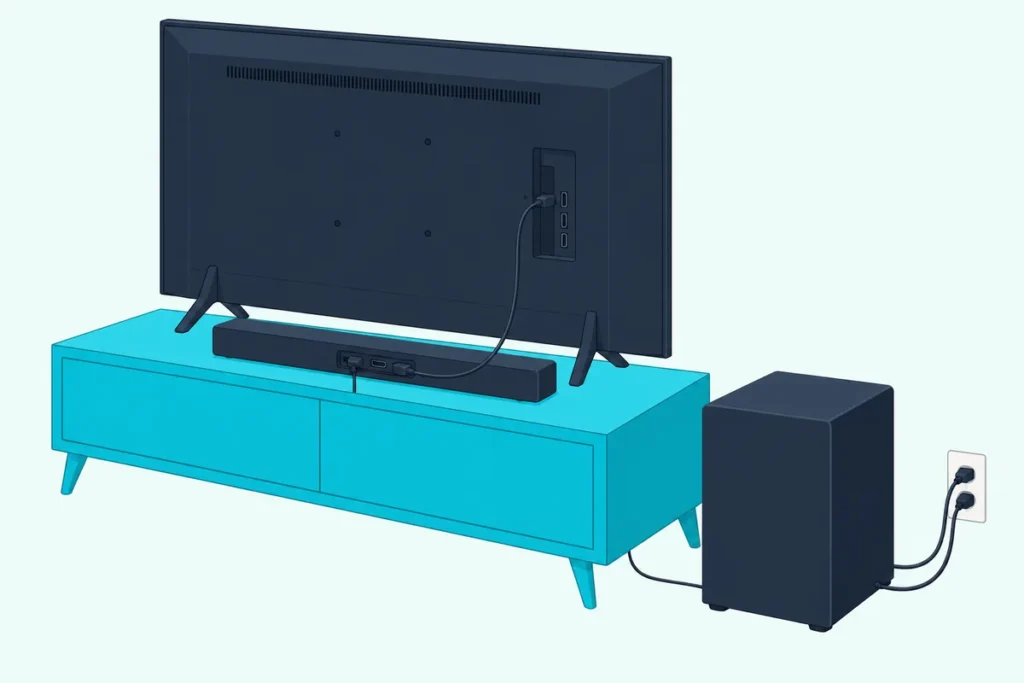 A soundbar centered below a TV on a media stand, with one cable to the back of the TV and a wireless subwoofer beside it