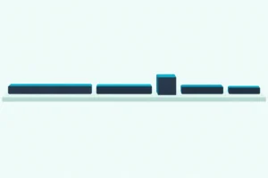 Four slim soundbars of different lengths lined up on a shelf, with a small box subwoofer between two of them