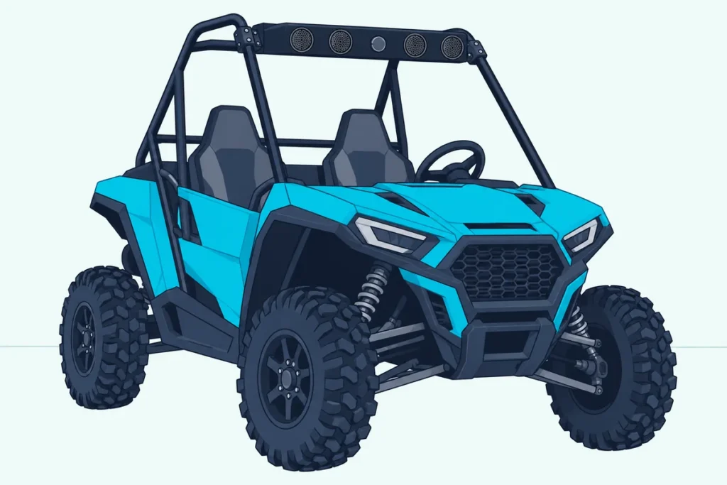 Side-by-side UTV in a garage with a long overhead sound bar clamped across the top of its roll cage