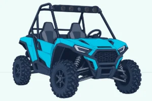 Side-by-side UTV in a garage with a long overhead sound bar clamped across the top of its roll cage