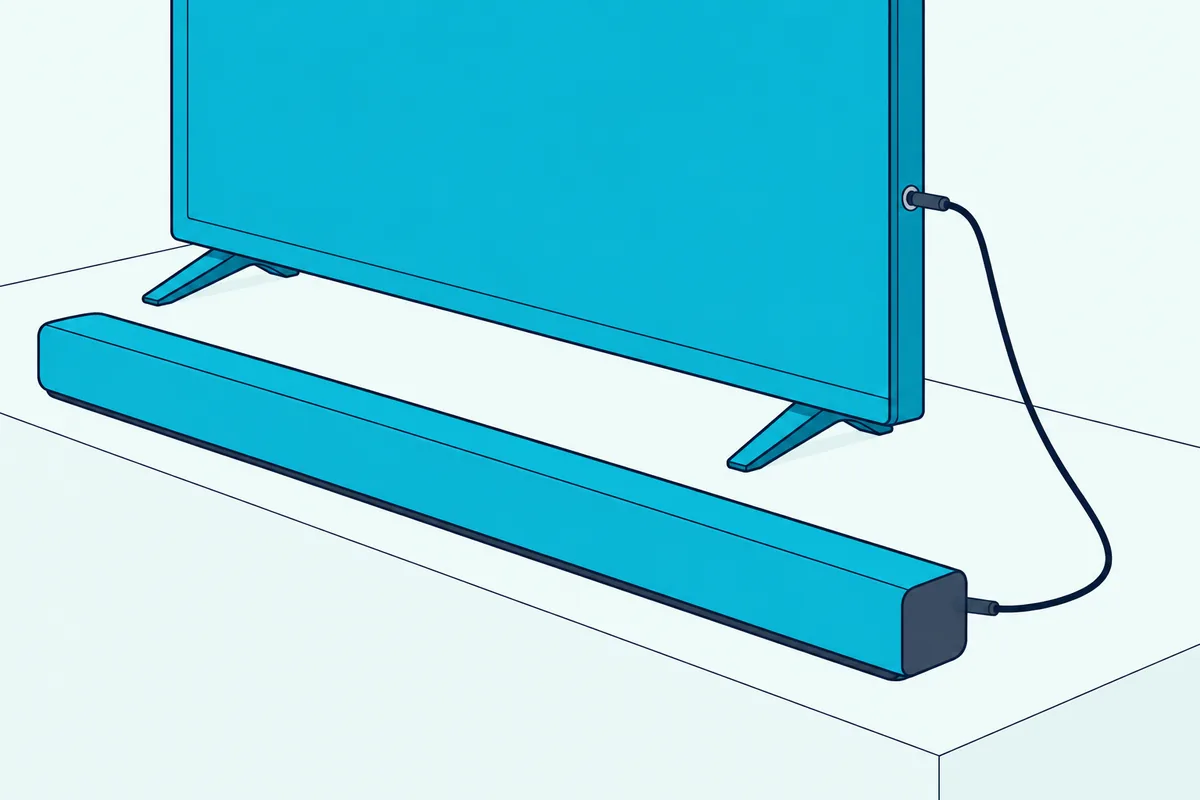 Side edge of a flat TV with a thin cable from its small round headphone jack down to a slim soundbar
