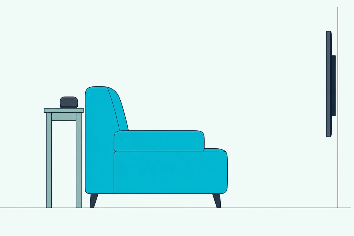 Soundbar on a narrow table right behind a sofa's backrest, seen from the side, with a wall-mounted TV across the room