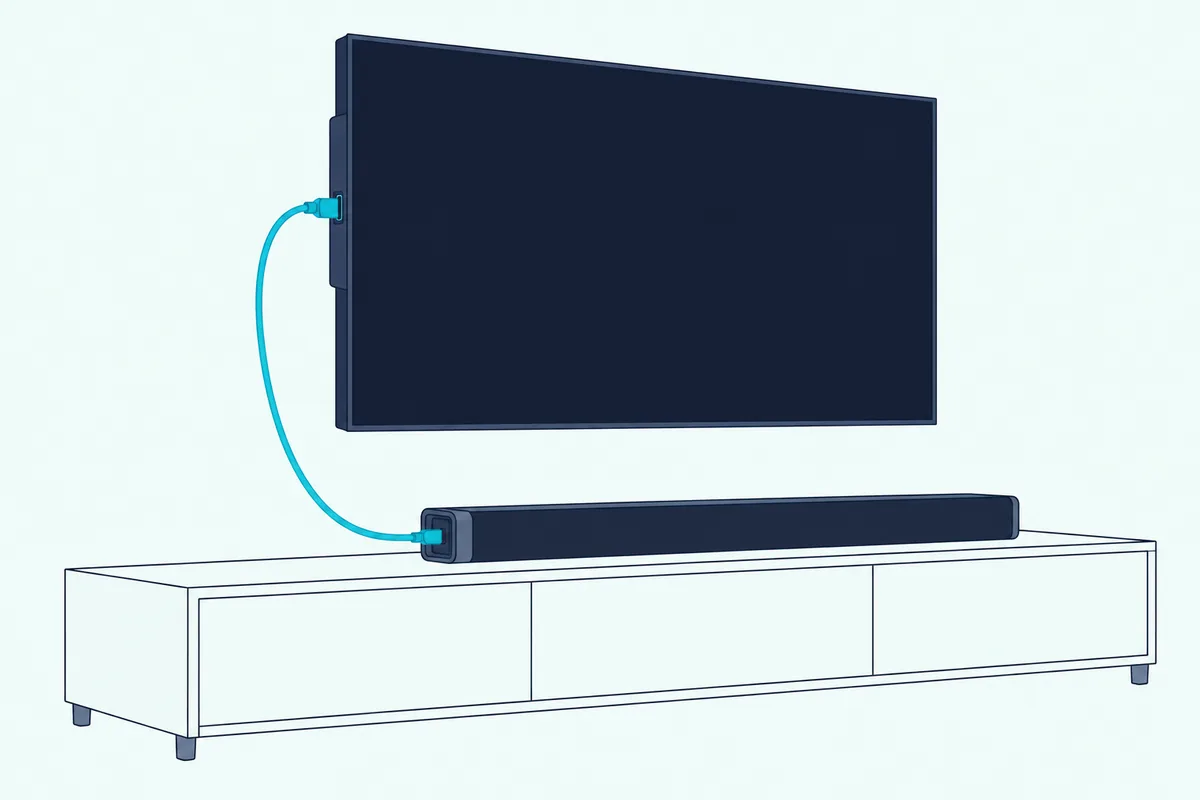 Side view of a teal HDMI cable dropping from a wall-mounted TV to a soundbar on a low console
