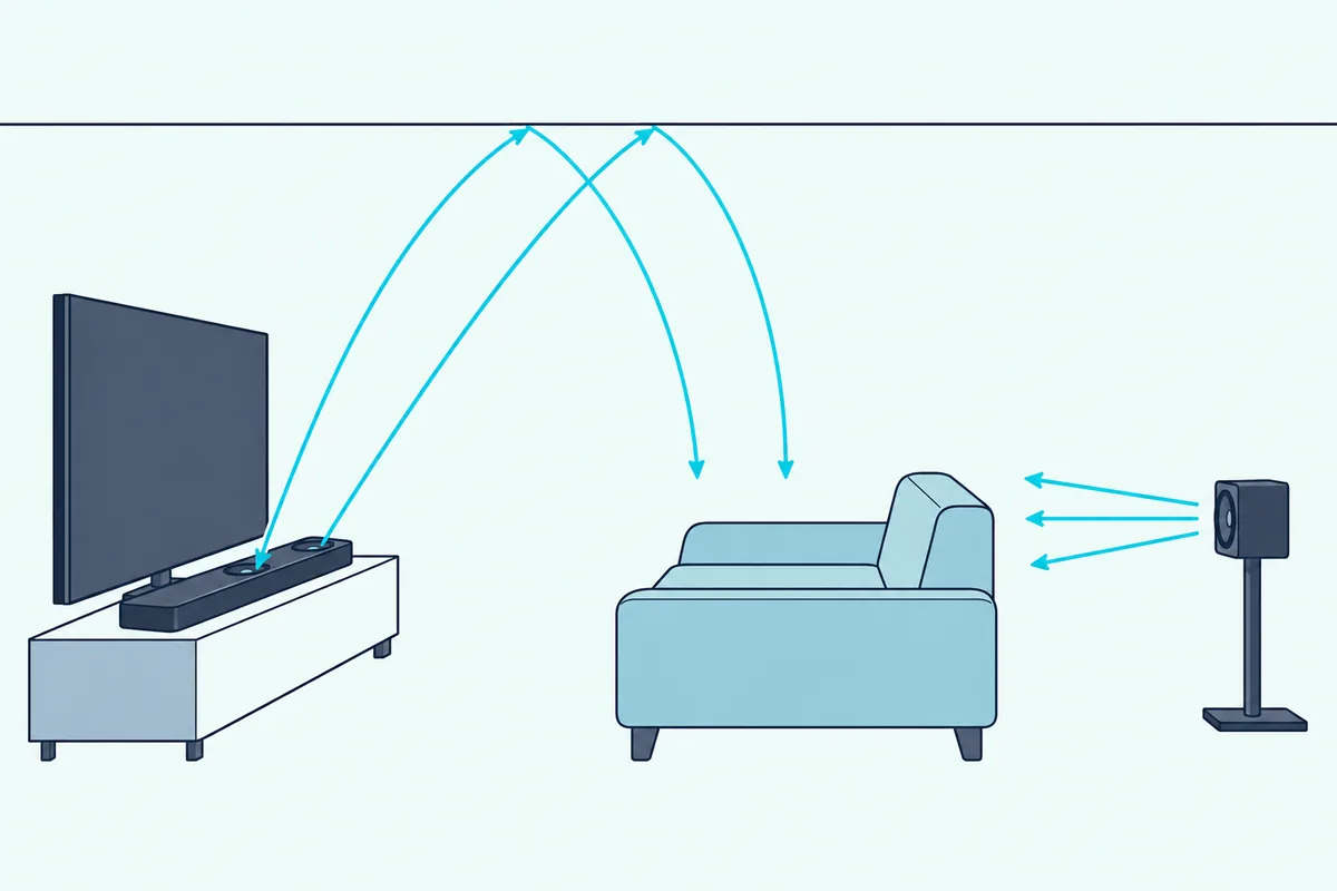 Side view of sound from a soundbar's up-angled speakers bouncing off a flat ceiling, with a rear speaker behind the sofa