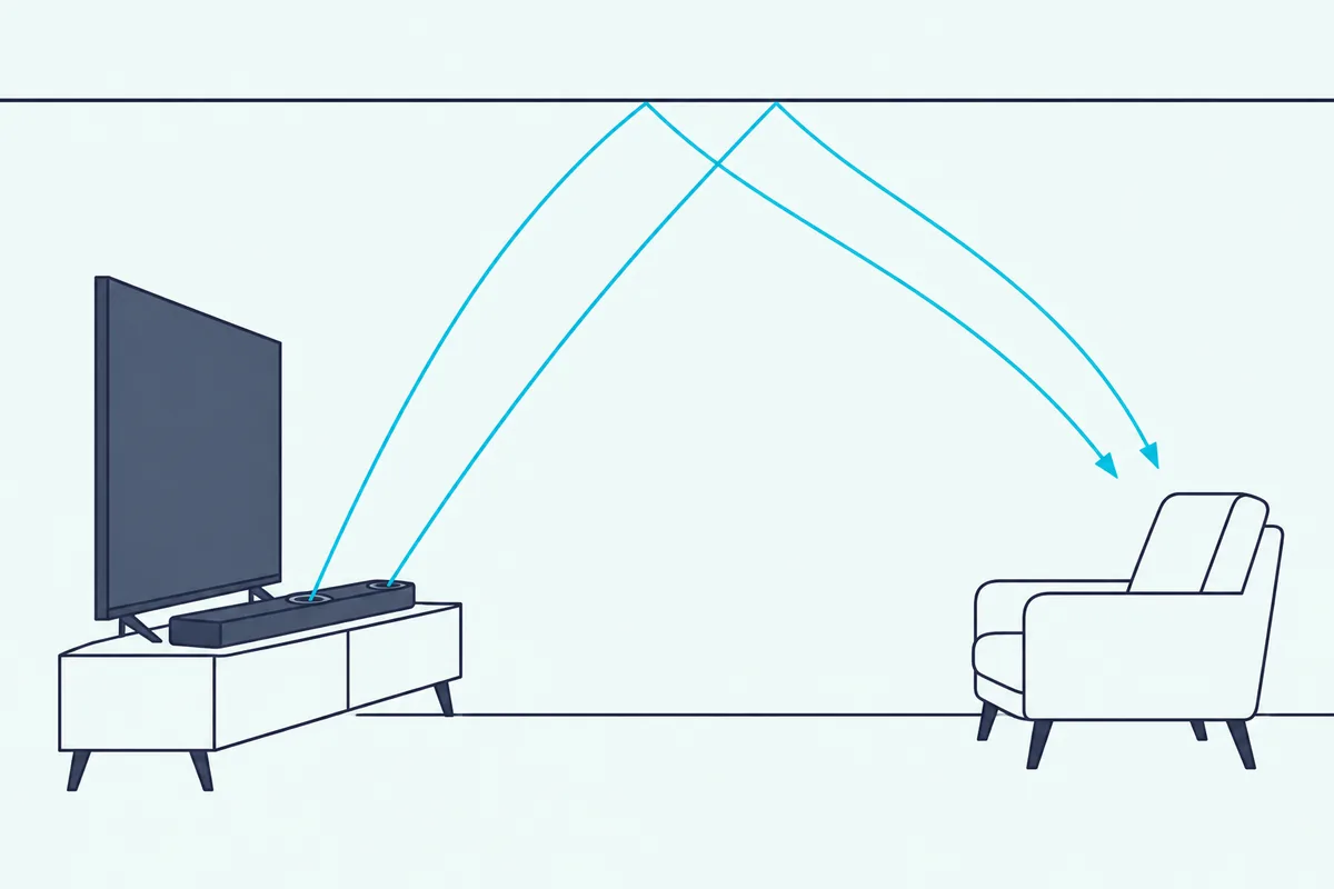 Side view of a soundbar's up-angled speakers sending sound off a flat ceiling down to an empty armchair