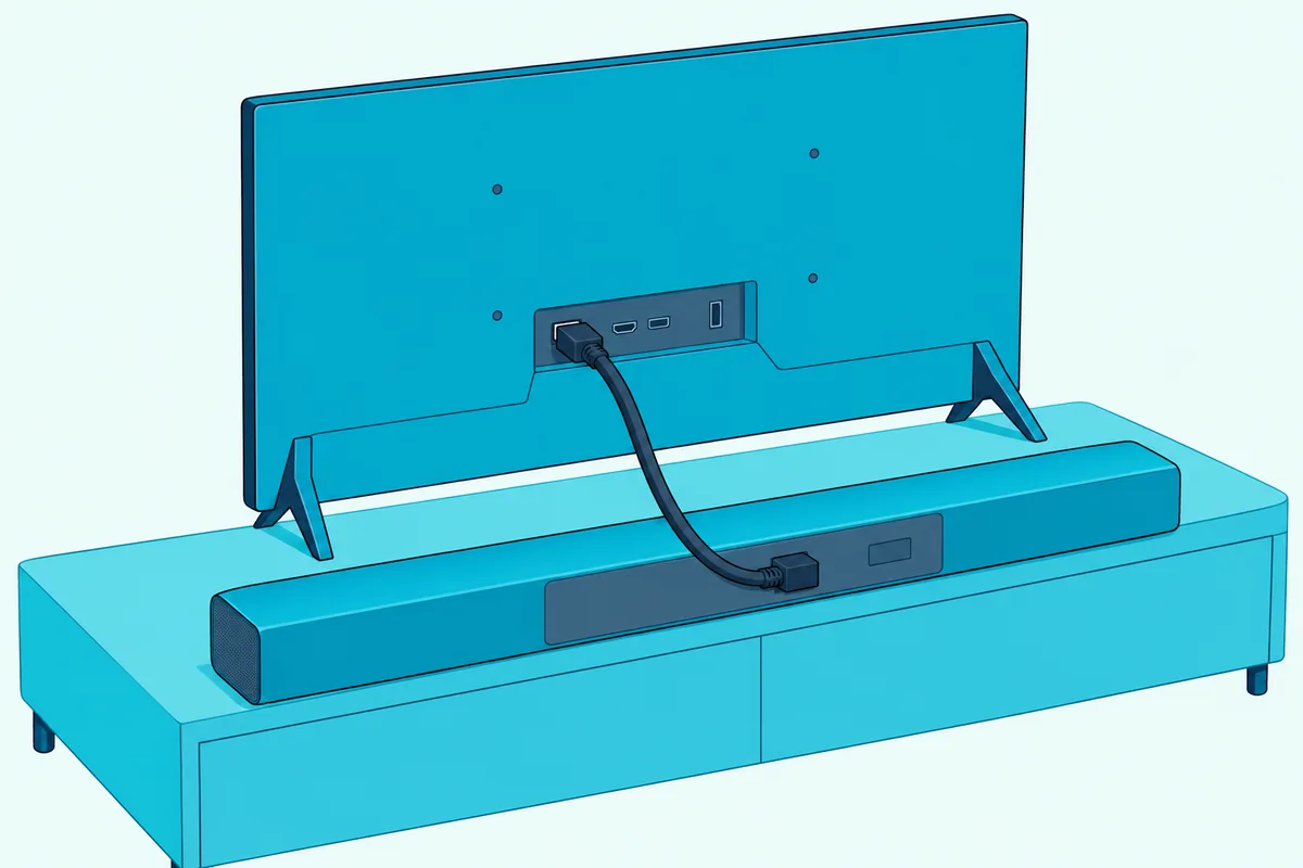 One HDMI cable running from a port on the back of a TV to the back of a long slim soundbar