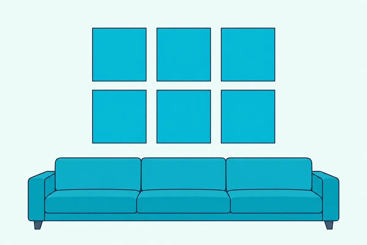 Six square fabric acoustic panels in an even grid covering part of a living room wall above a sofa