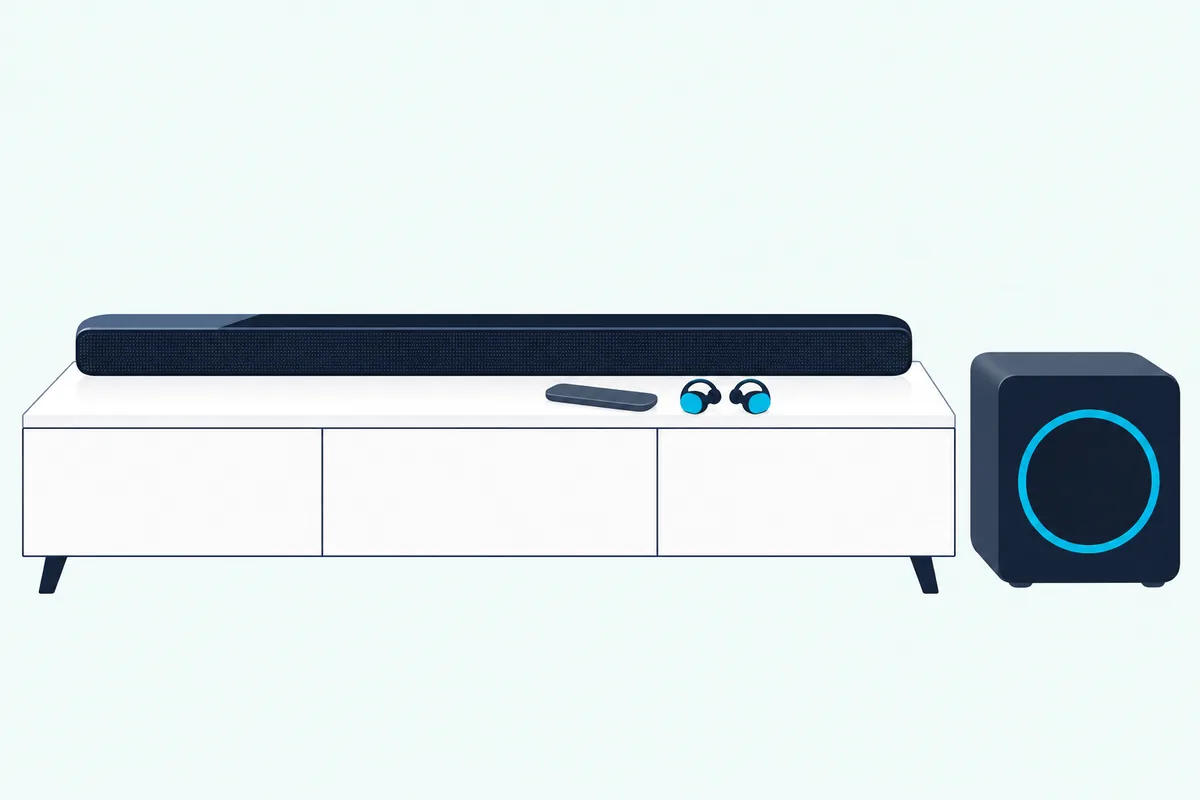 Black soundbar on a white media console beside a small cube subwoofer, with a slim remote and a pair of earbuds