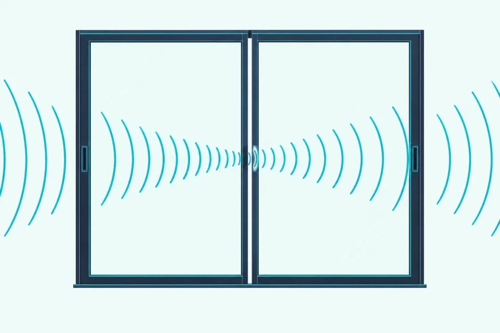 A sliding glass door with a thin gap at its meeting edge and sound-wave lines passing through the gap