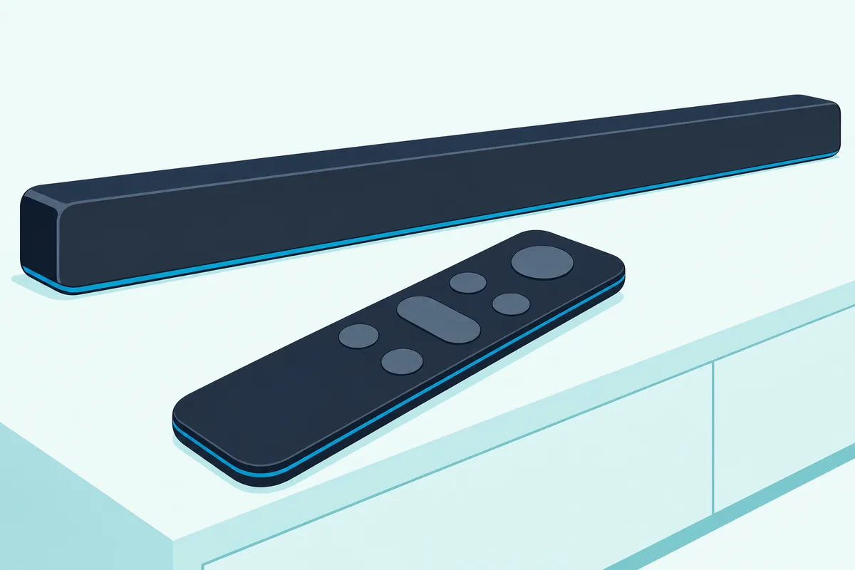 Slim black remote control lying on a wooden TV console in front of a low soundbar