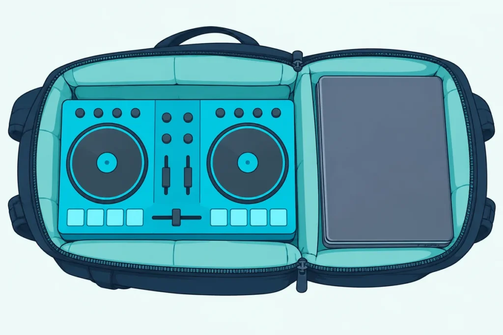 A slim DJ controller lying flat in an open padded backpack beside a laptop