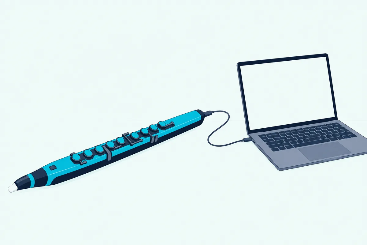 A slim electronic wind instrument with a cable running to an open laptop