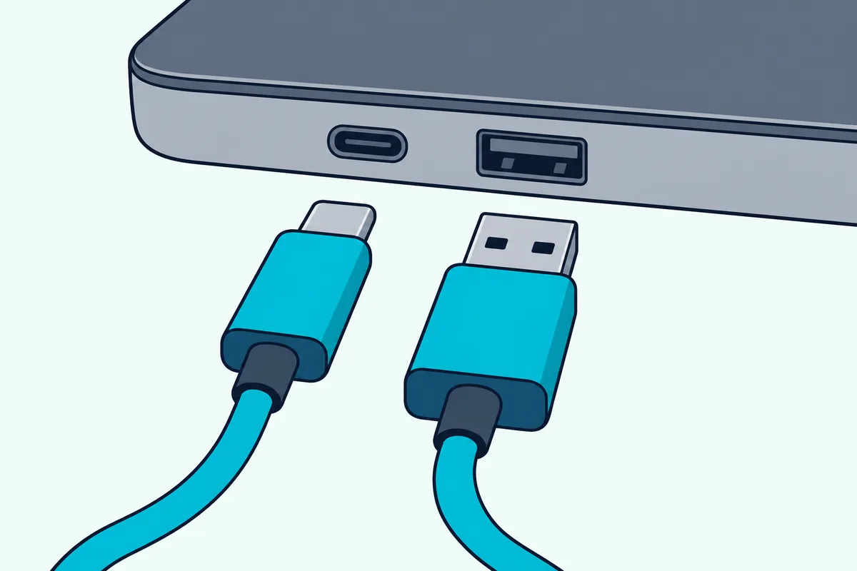 A slim oval USB-C plug and a flat rectangular USB-A plug, each pointing at its matching port on a laptop edge