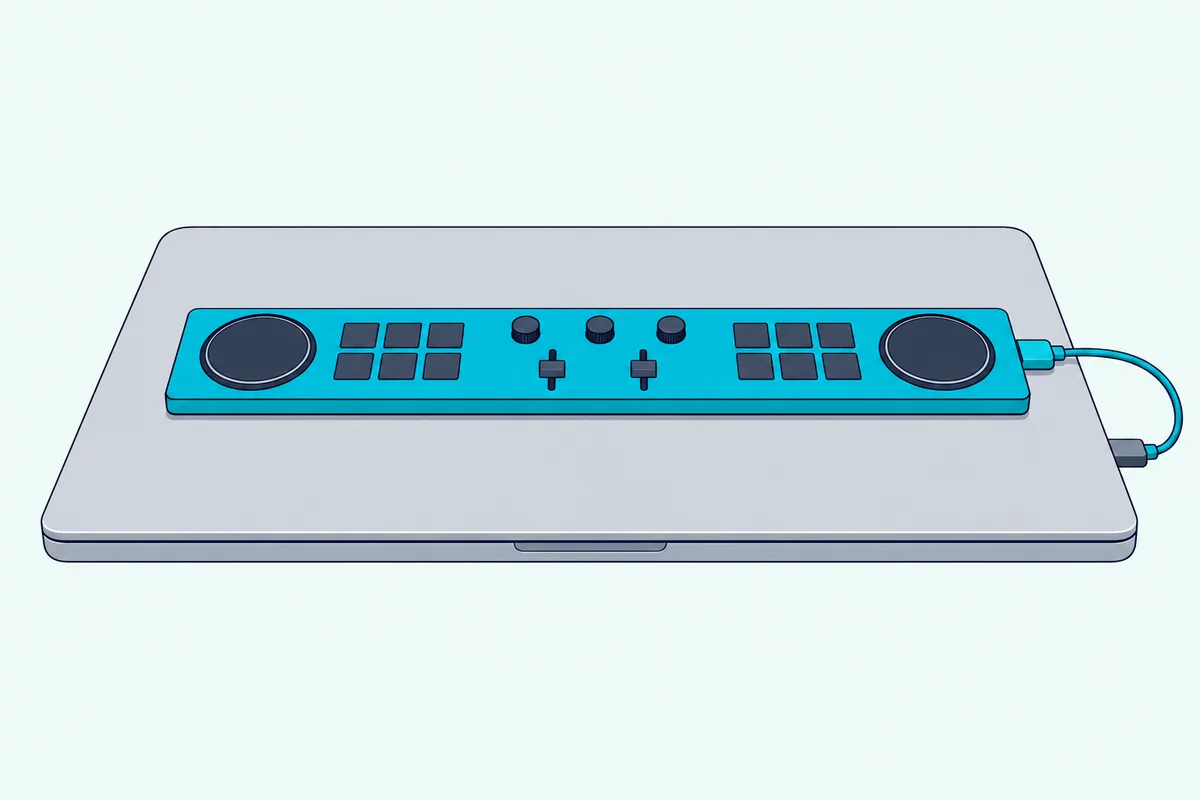 Slim pocket-sized DJ controller resting across the closed lid of a thin laptop on a desk