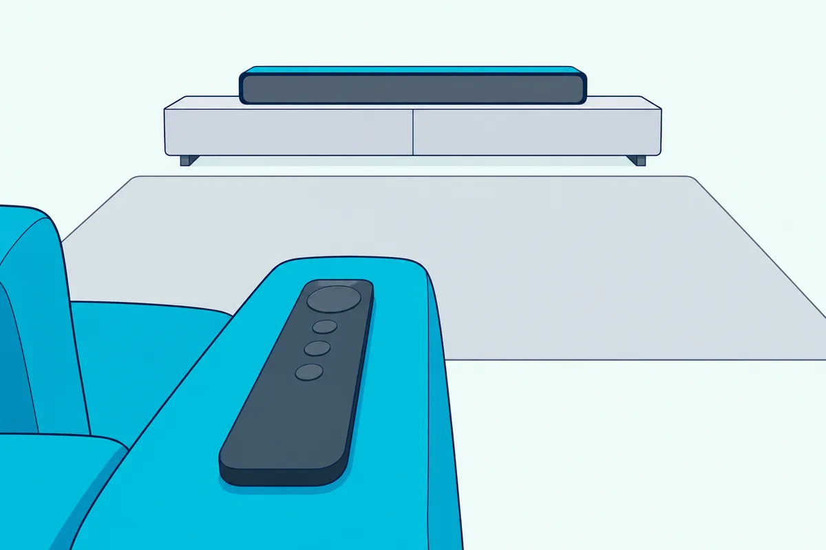 Slim remote resting on a sofa arm and pointing across an empty rug at the front of a soundbar