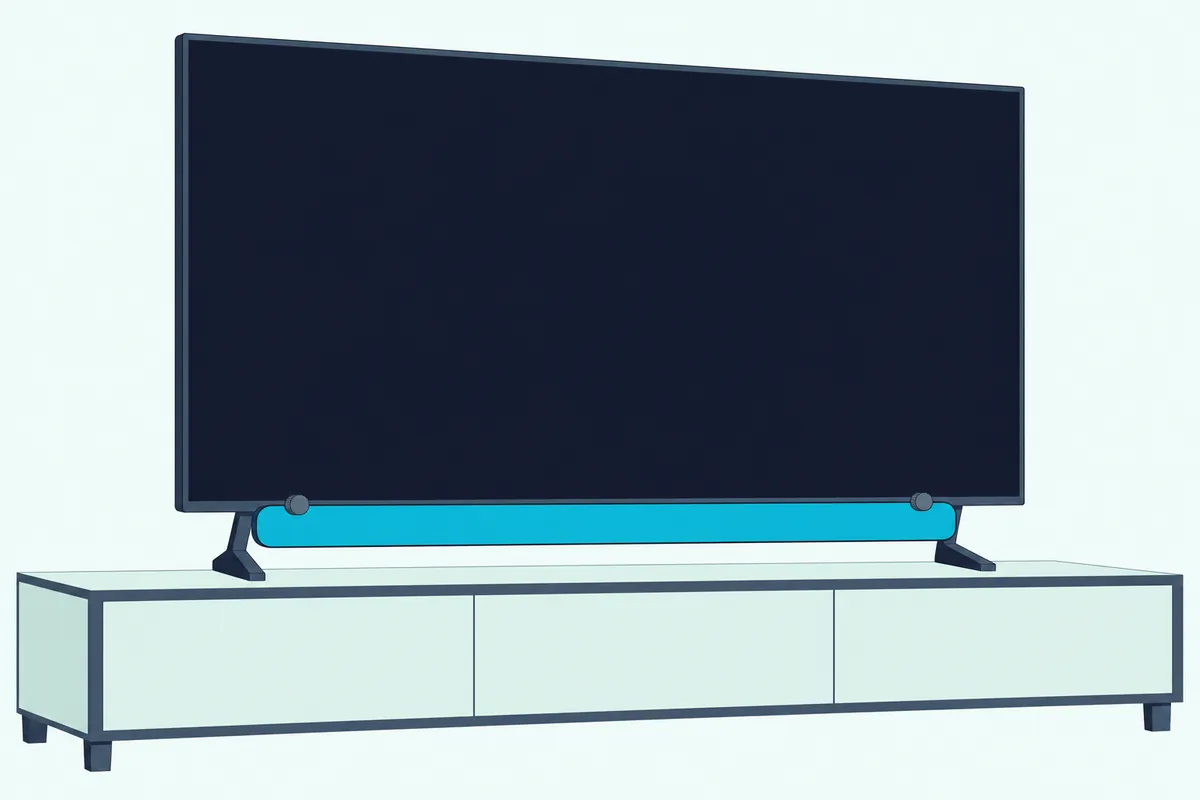 Slim sound bar clipped flush under a thin TV on two short feet, with two small thumbscrews showing at the join