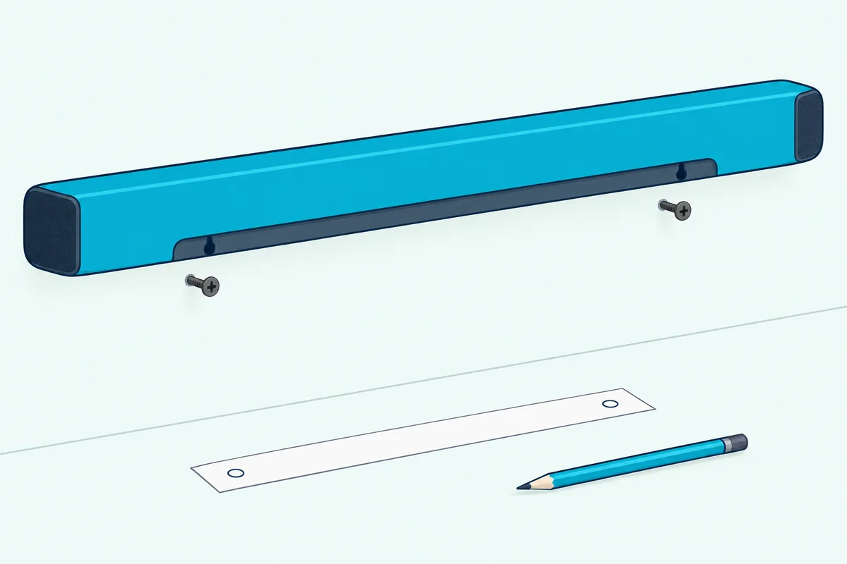 Slim sound bar lowered onto two screw heads in a pale wall, with a pencil and paper template on the floor below