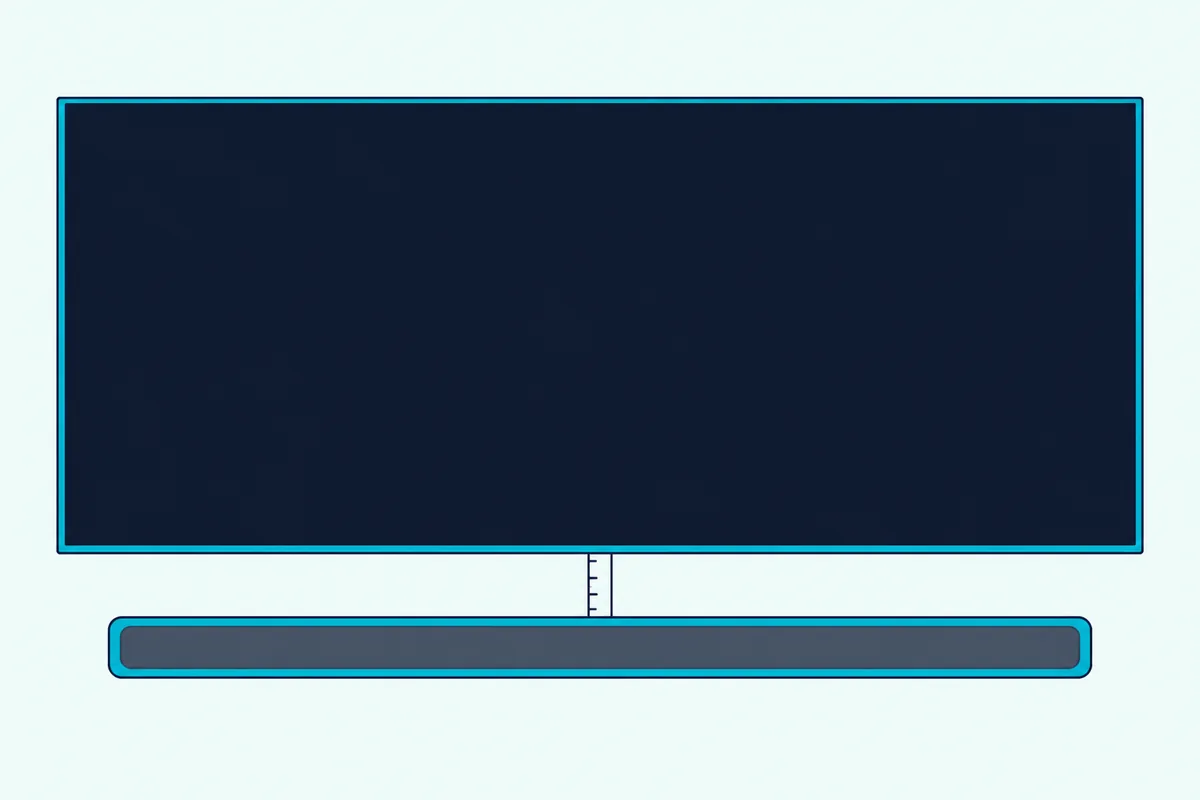 Slim soundbar on a light wall a short, even gap below a thin wall-mounted TV, with a plain wooden ruler bridging the gap