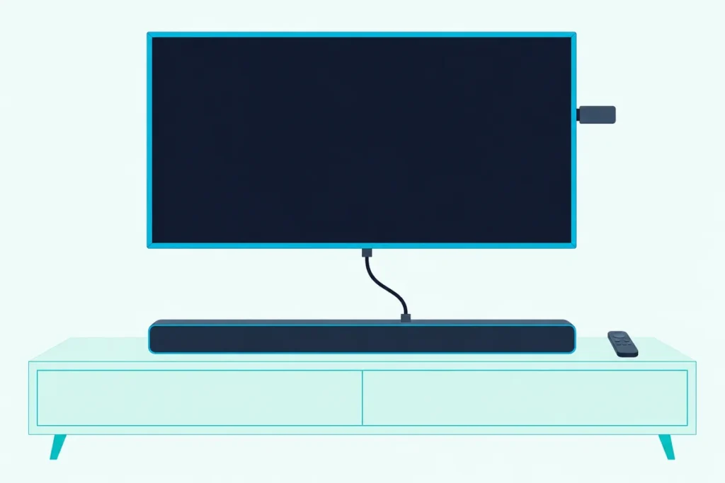 Slim soundbar below a wall TV with a small streaming stick in its side, one HDMI cable and a remote on the console