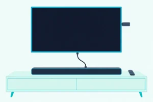 Slim soundbar below a wall TV with a small streaming stick in its side, one HDMI cable and a remote on the console