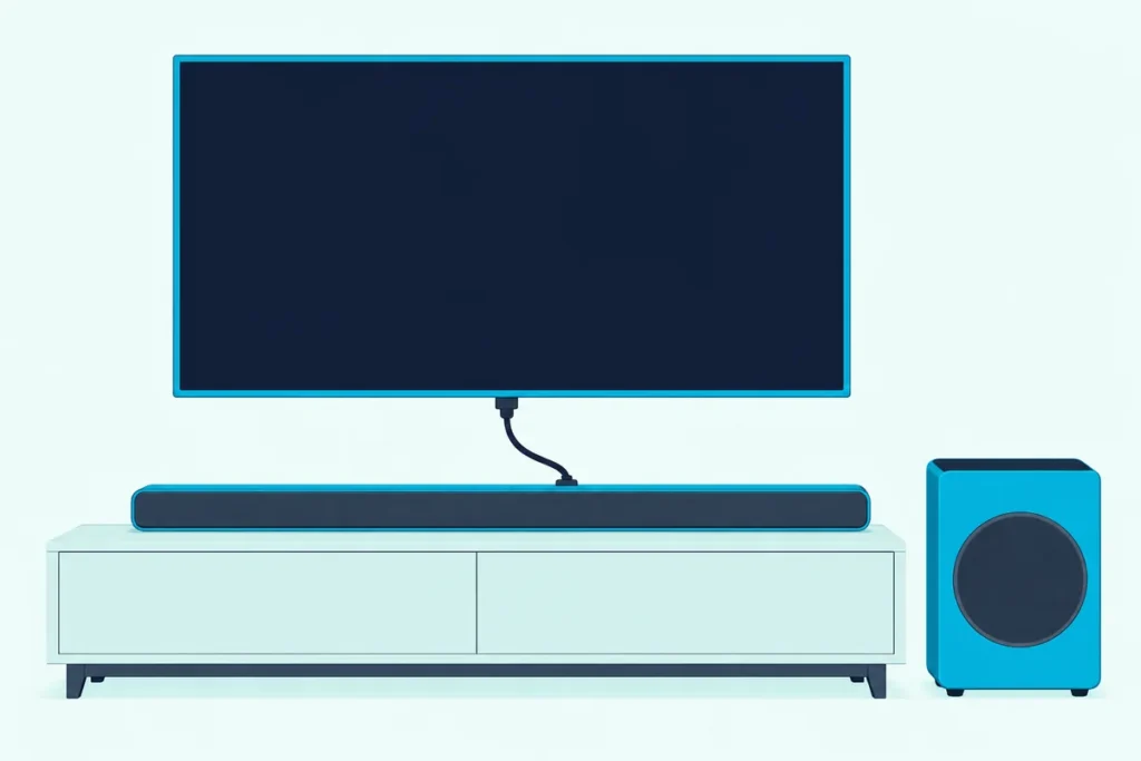 Slim soundbar and wireless subwoofer below a wall-mounted TV, the bar joined to the TV by one HDMI cable