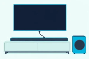 Slim soundbar and wireless subwoofer below a wall-mounted TV, the bar joined to the TV by one HDMI cable