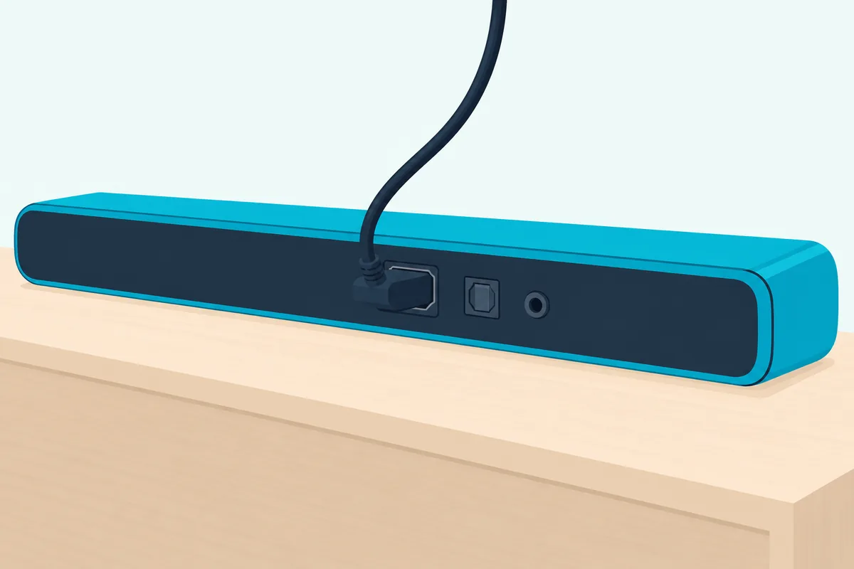 Slim soundbar seen from behind with one HDMI cable plugged in and an empty square optical socket beside it