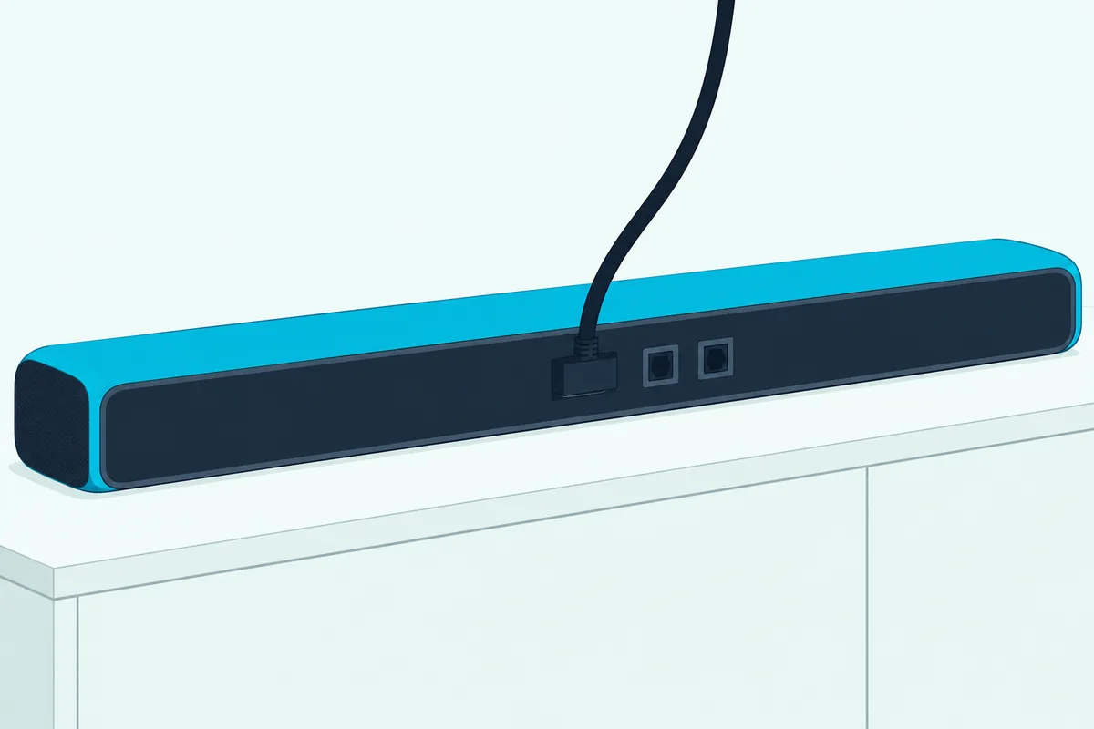 Slim soundbar seen from behind with one HDMI cable in its socket and two small square sockets left empty