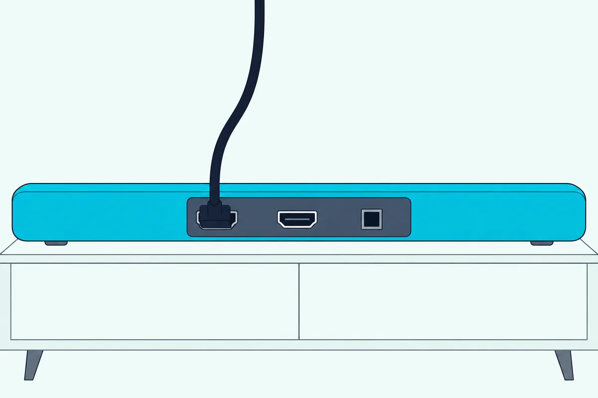 Slim soundbar seen from behind with one HDMI cable plugged into the first of two plain sockets on its back panel