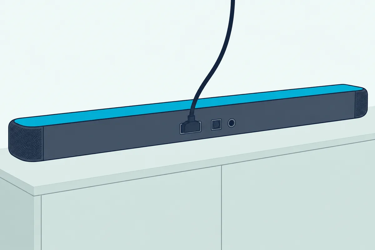Slim soundbar seen from behind with one HDMI cable plugged into the single socket on its back panel