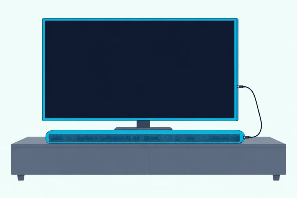 Slim soundbar below a flat TV, joined by one thin cable running from the side of the TV to the end of the bar