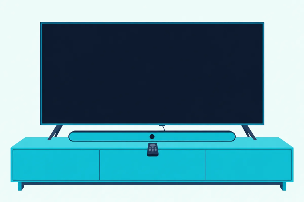 Slim soundbar on a cabinet below a flat TV with one small handheld remote lying on the cabinet beside it